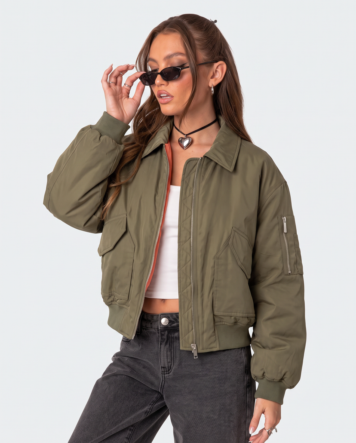 Khaki Capsule Bomber jacket by STYLEBURY featuring a sleek, modern design with a zip front and ribbed cuffs.