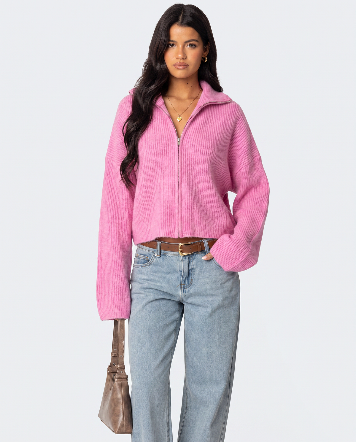STYLEBURY Zip Knit Cardigan in vibrant cherry red, featuring a front zipper and cozy knit fabric.