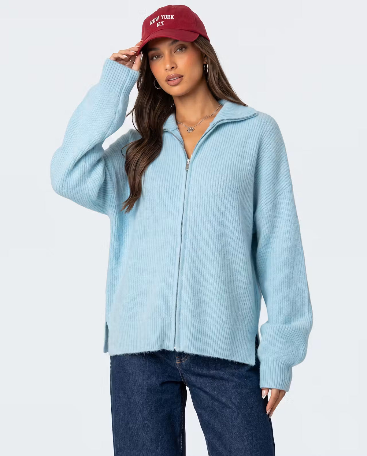 Light blue Zip Knit Cardigan by STYLEBURY, showcasing a cozy, fitted knit with a full front zipper and ribbed cuffs.