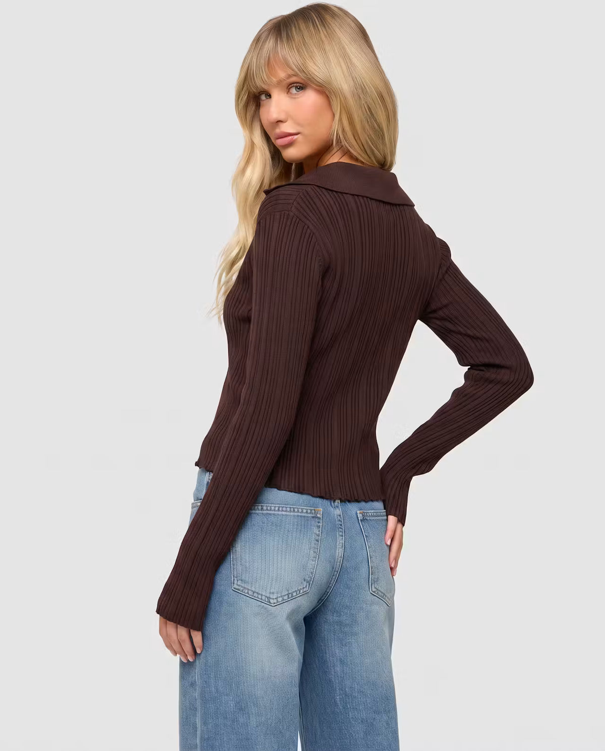 STYLEBURY zip knit cardigan in rich chocolate color, featuring a cozy design with a front zipper and ribbed details.