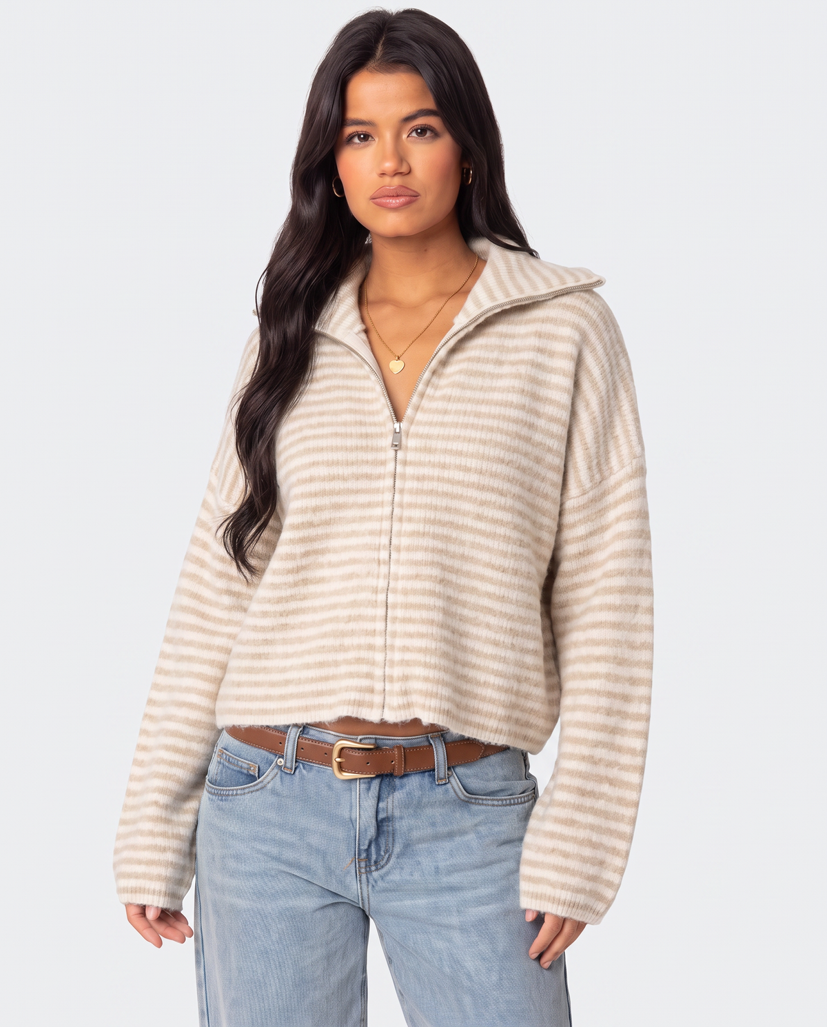 STYLEBURY striped zip knit cardigan in cinnamon with bold horizontal stripes, front zipper, and cozy knit fabric.