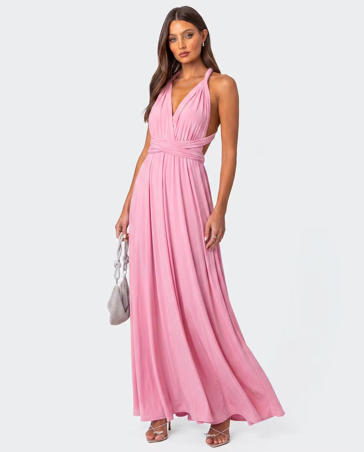 STYLEBURY Twisted Maxi Dress in Cherry Pink, flowing fabric with twisted neckline, perfect for summer or special occasions.