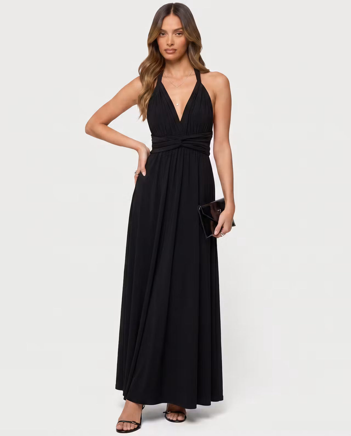 Black Twisted Maxi Dress by STYLEBURY featuring elegant draping and a flowing silhouette, perfect for formal or casual occasions.