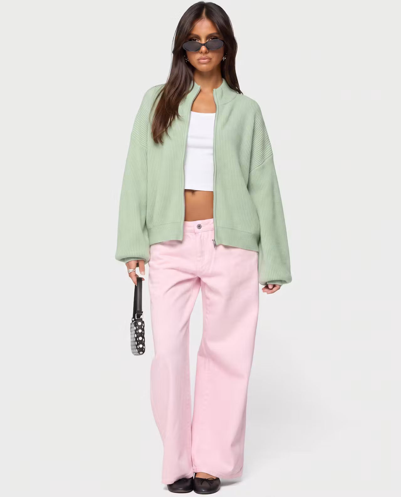 Mint green Zip Knit Cardigan by STYLEBURY featuring a front zipper and cozy knit texture.