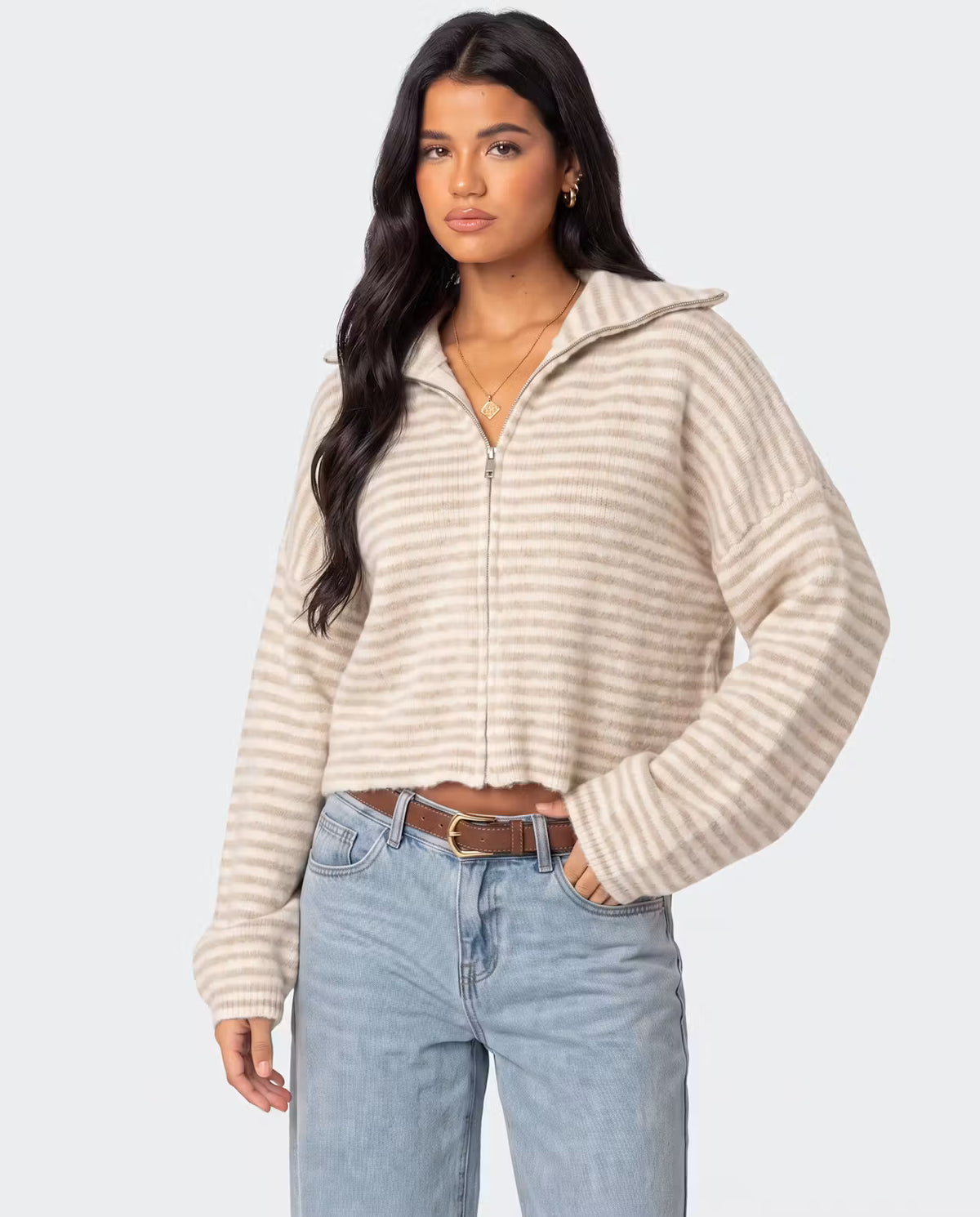 STYLEBURY striped zip knit cardigan in cinnamon with alternating color stripes and a front zipper, displayed flat on a white background.
