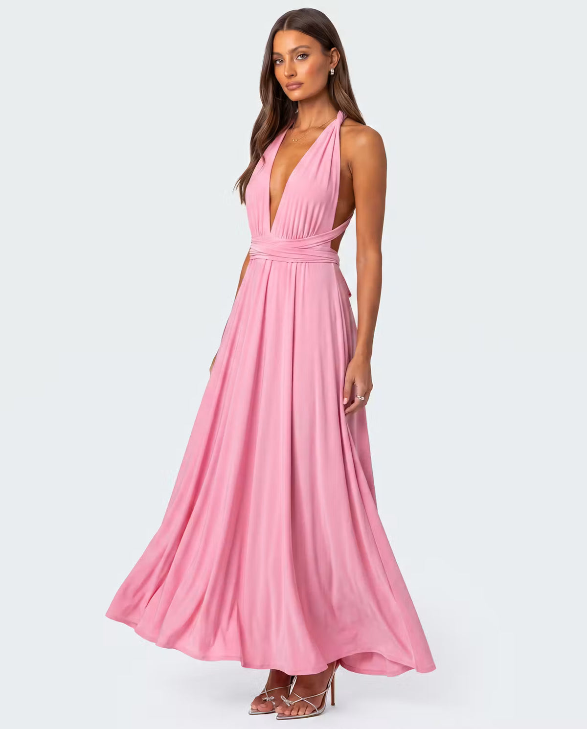 STYLEBURY twisted cherry pink maxi dress featuring a flowing silhouette and elegant design, perfect for summer or special occasions.