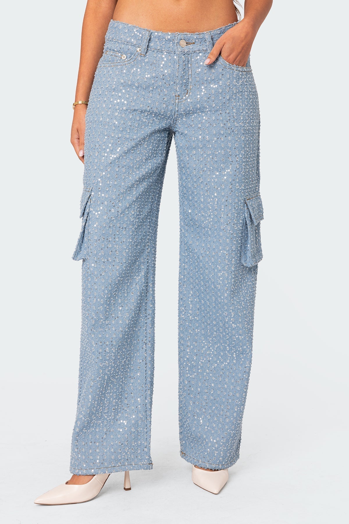 Icing Sequin Low Rise Baggy Cargo Jeans