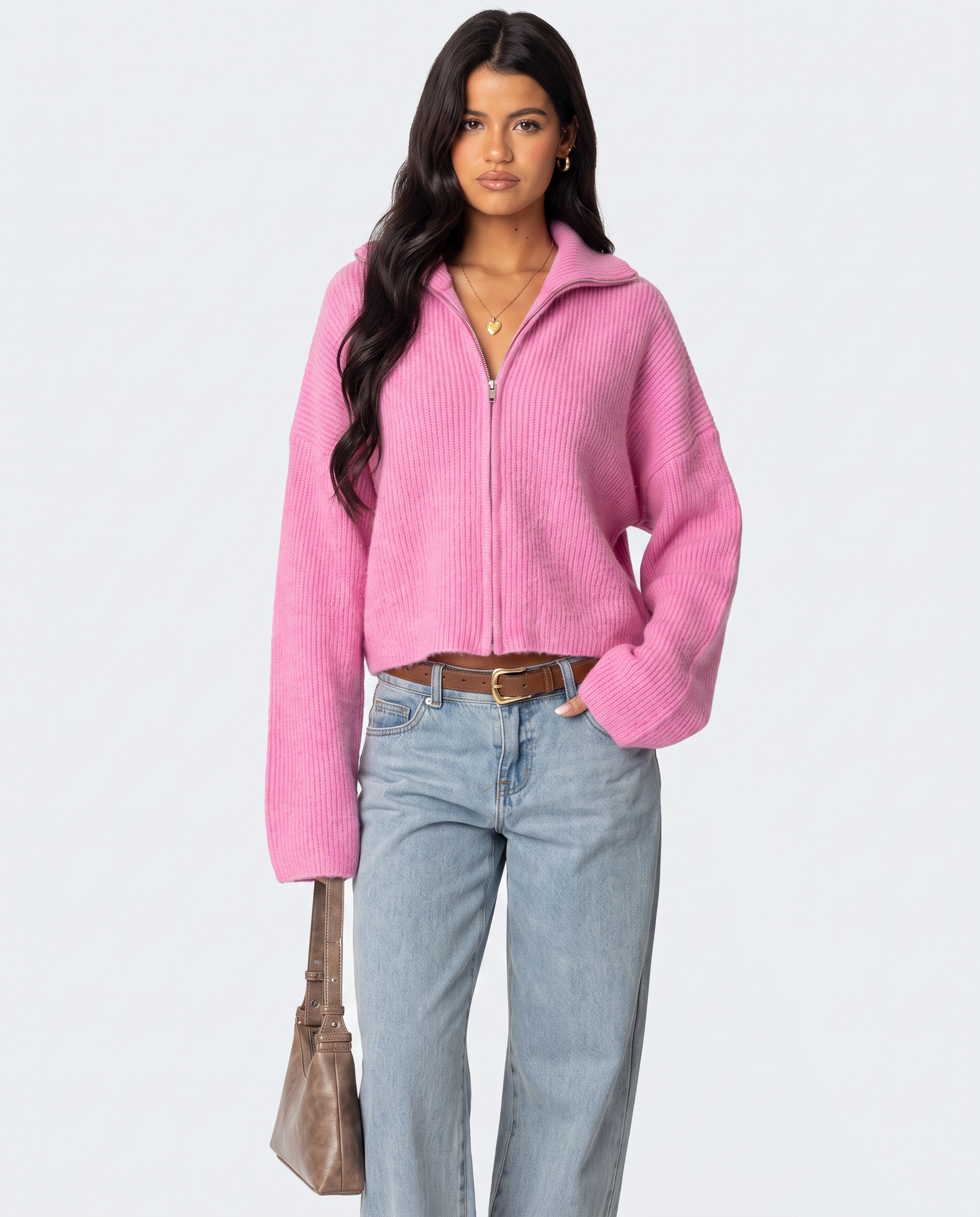 STYLEBURY Zip Knit Cardigan in vibrant cherry red, featuring a front zipper and cozy knit fabric.