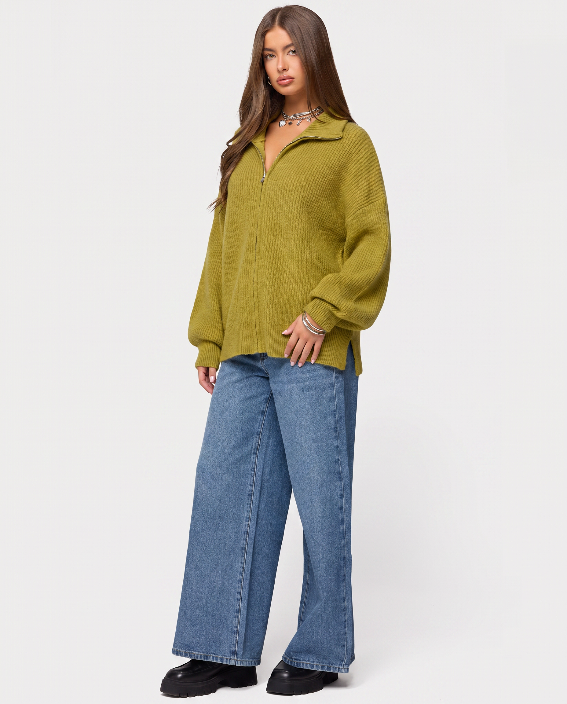STYLEBURY Zip Knit Cardigan in pistachio color, featuring a front zipper and ribbed cuffs, displayed on a mannequin.