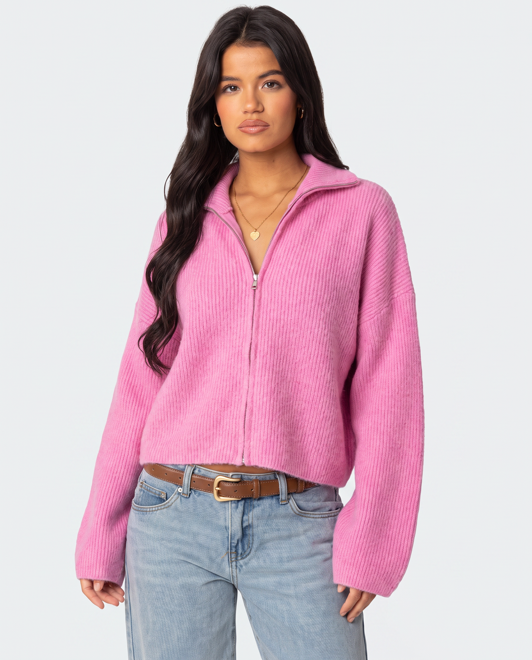 STYLEBURY Zip Knit Cardigan in cherry red, featuring a zip-up front and cozy knit fabric, ideal for casual fall outfits.