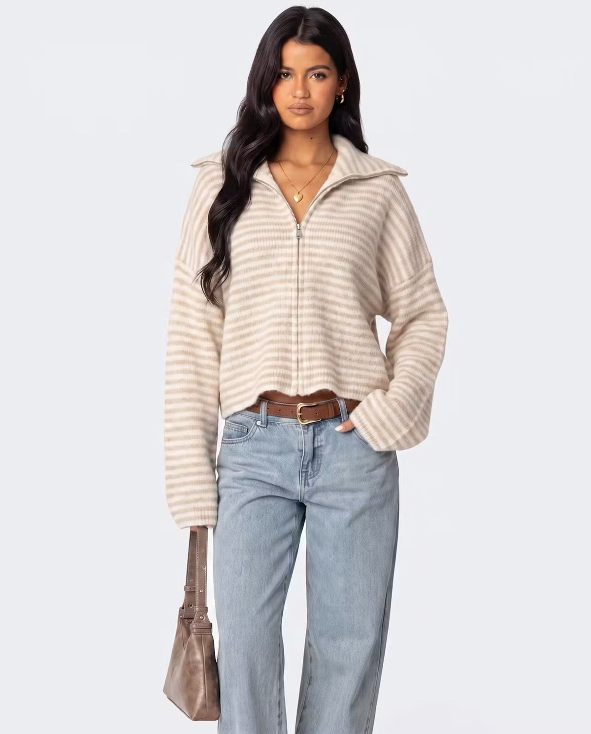 STYLEBURY striped zip knit cardigan in cinnamon with a cozy, fitted design, featuring bold horizontal stripes and a front zipper.