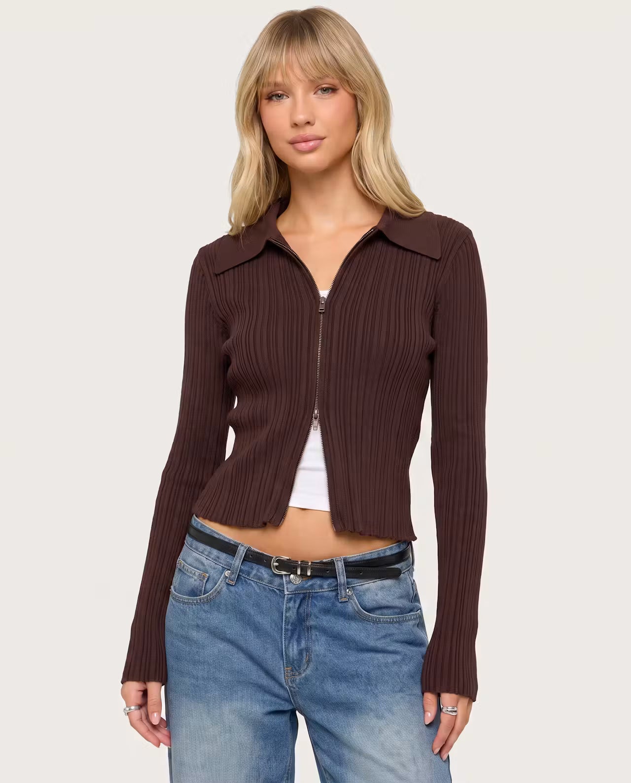 Chocolate zip-knit cardigan by STYLEBURY, featuring a cozy knit texture and front zipper, displayed on a neutral background.