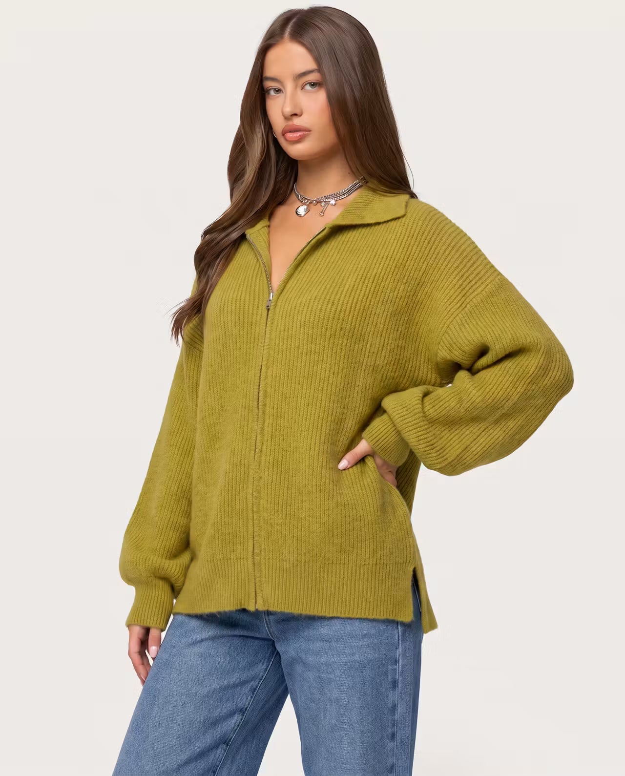 STYLEBURY Zip Knit Cardigan in pistachio green, featuring a front zipper and cozy knit texture.