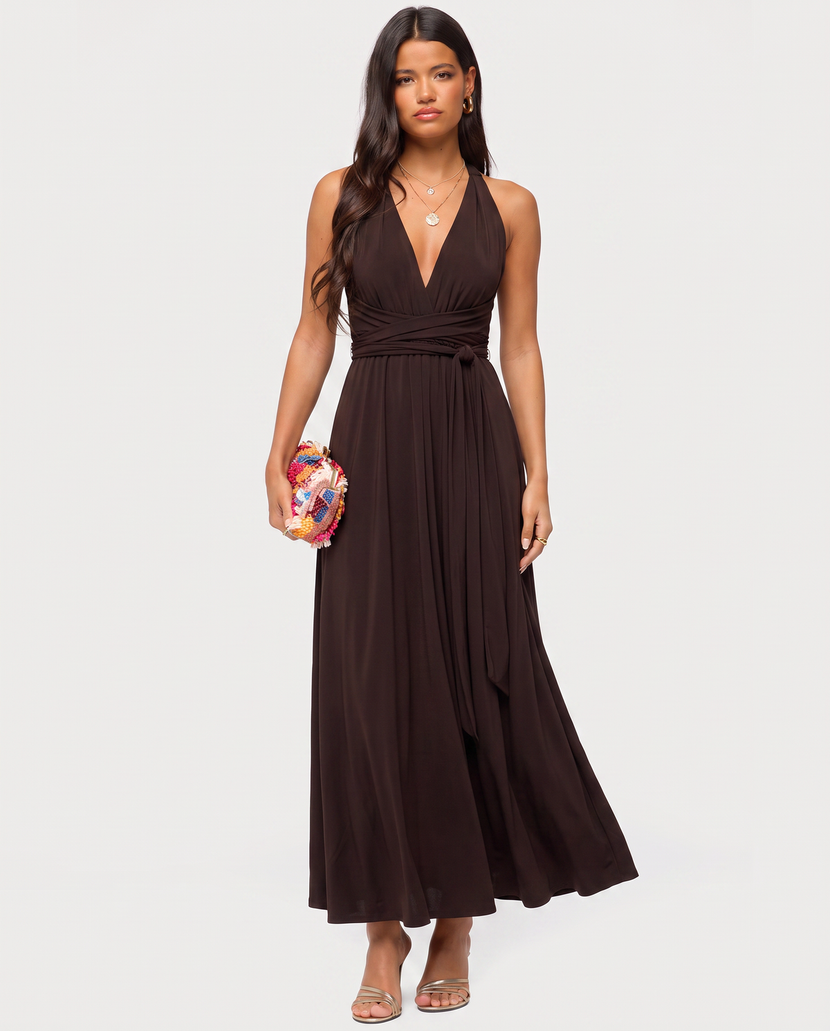 STYLEBURY Twisted Maxi Dress in chocolate color, featuring a flowing silhouette and elegant design, displayed on a mannequin.