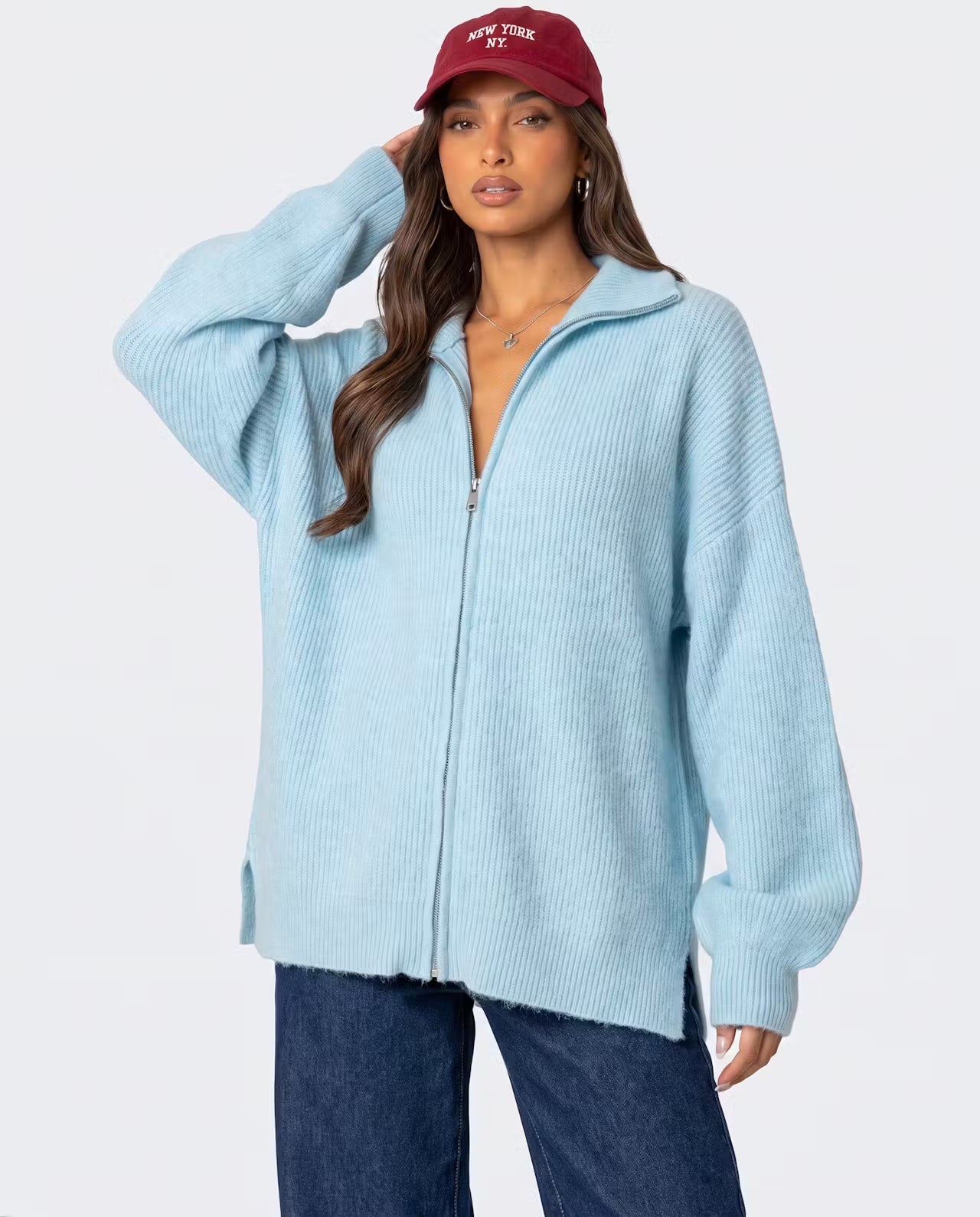 Light blue Zip Knit Cardigan by STYLEBURY, featuring a front zipper and cozy knit fabric, displayed on a hanger.