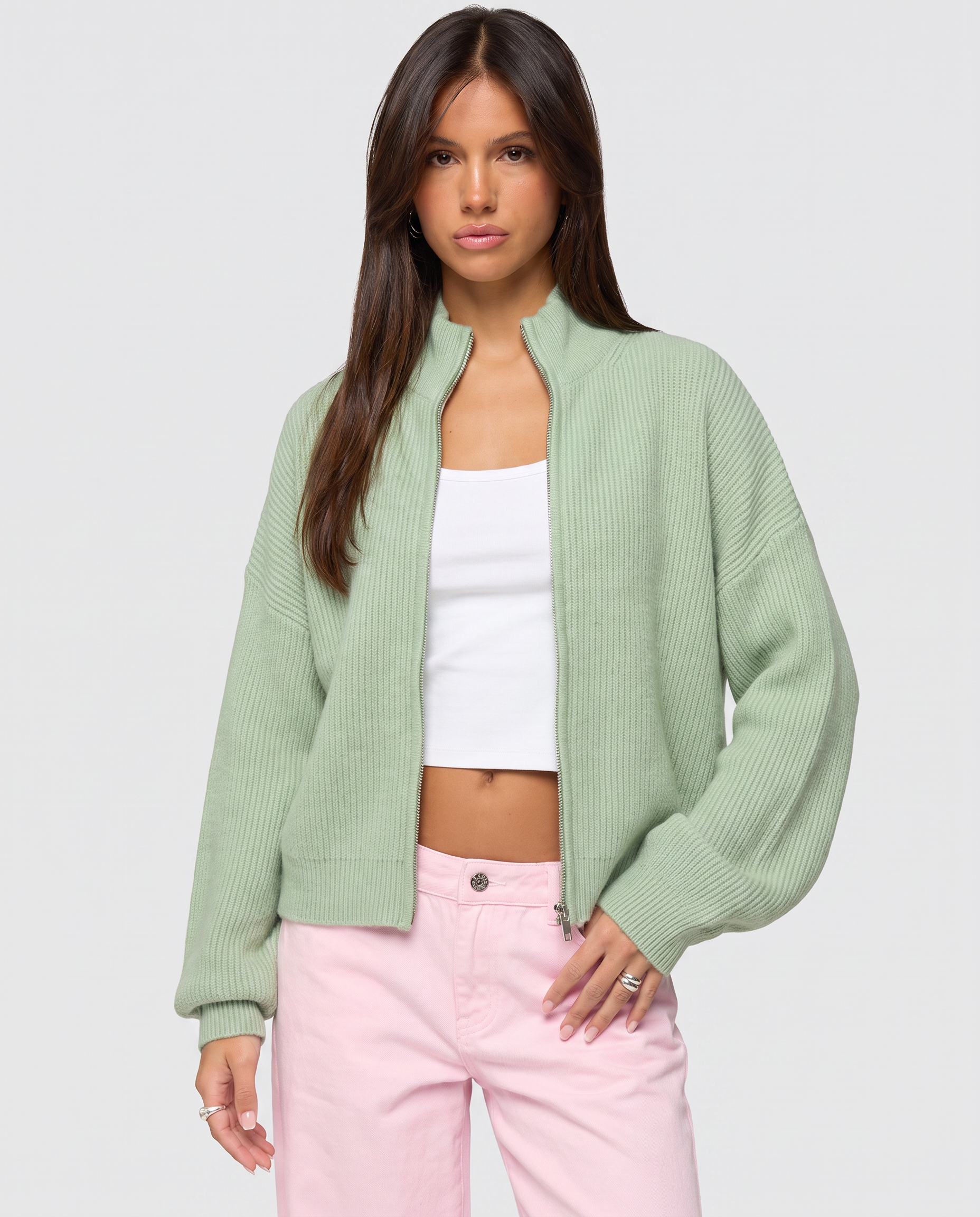 STYLEBURY mint zip knit cardigan featuring a cozy, fitted design with a front zipper and ribbed cuffs.