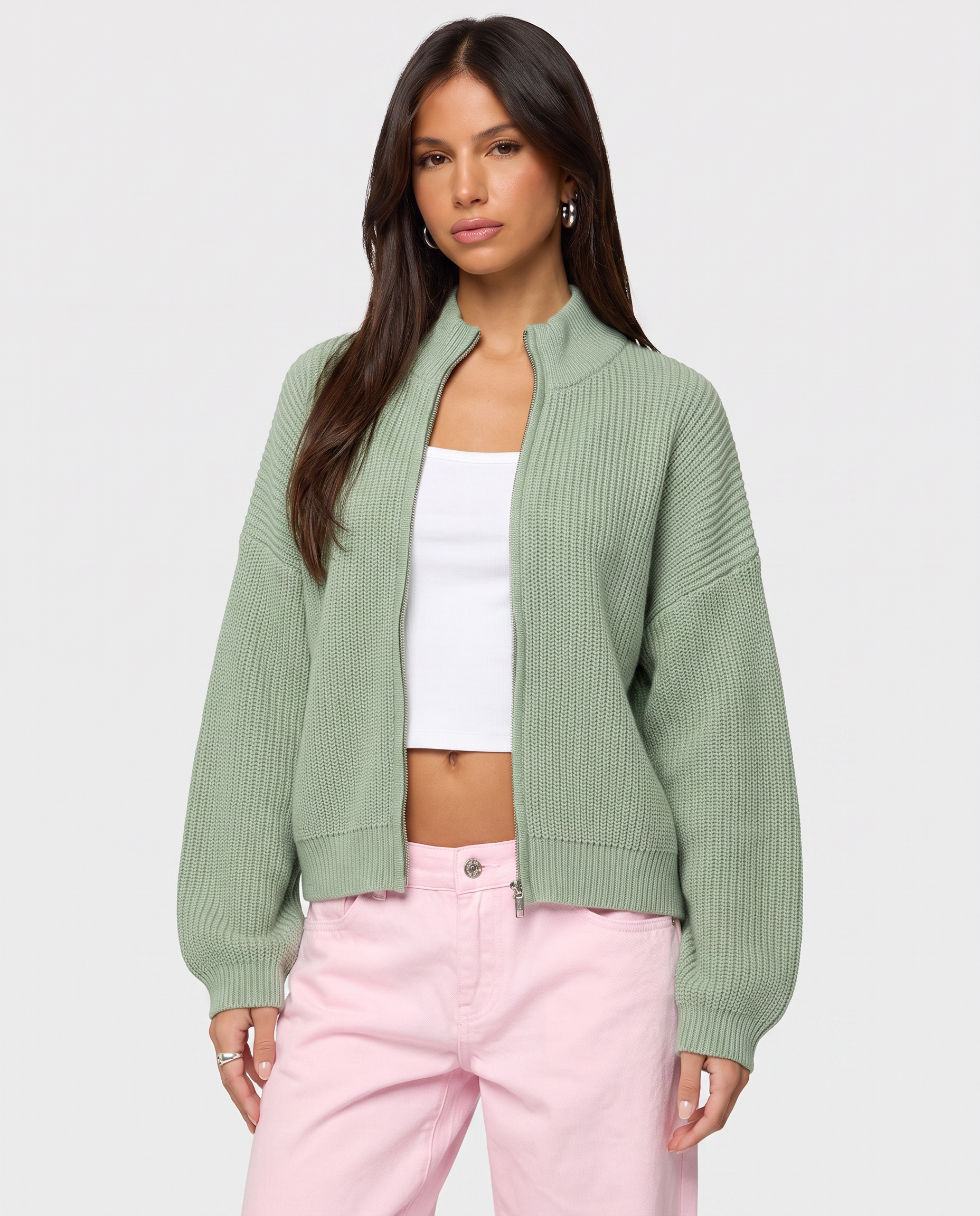 STYLEBURY Zip Knit Cardigan in mint color, featuring a front zipper and ribbed cuffs, displayed on a plain background.