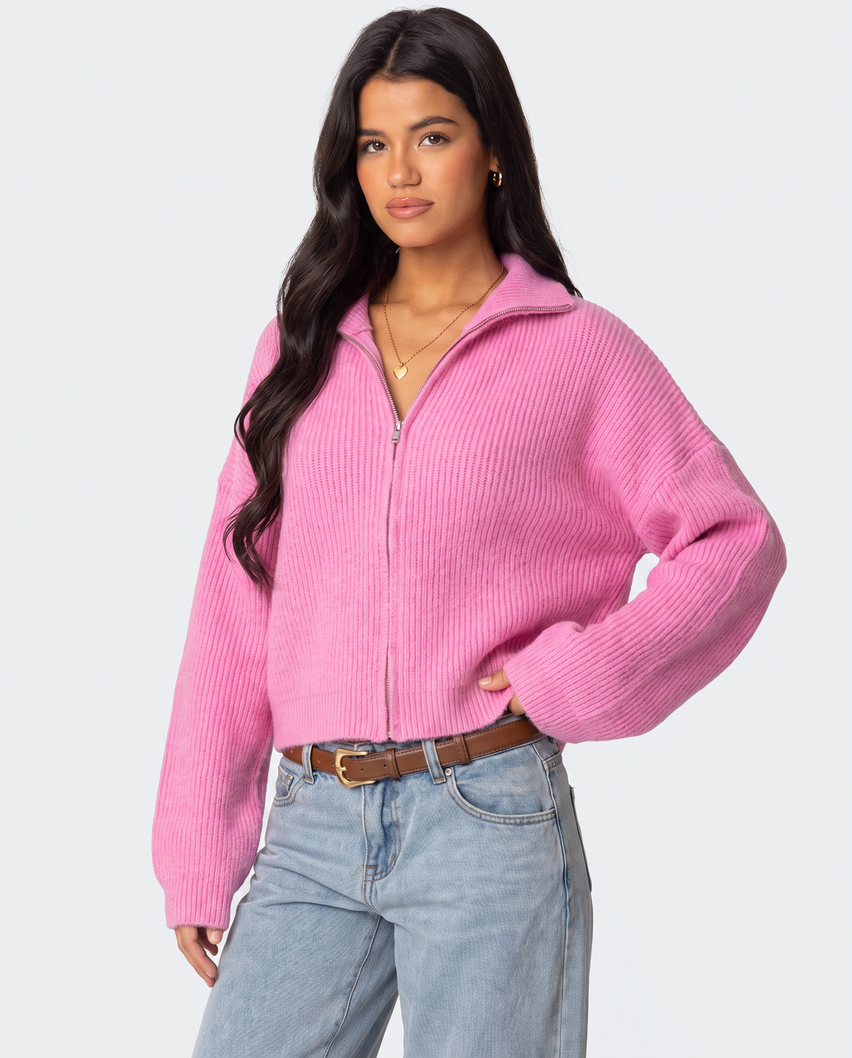 STYLEBURY Zip Knit Cardigan in cherry red, featuring a front zipper and cozy knit fabric, displayed on a white background.