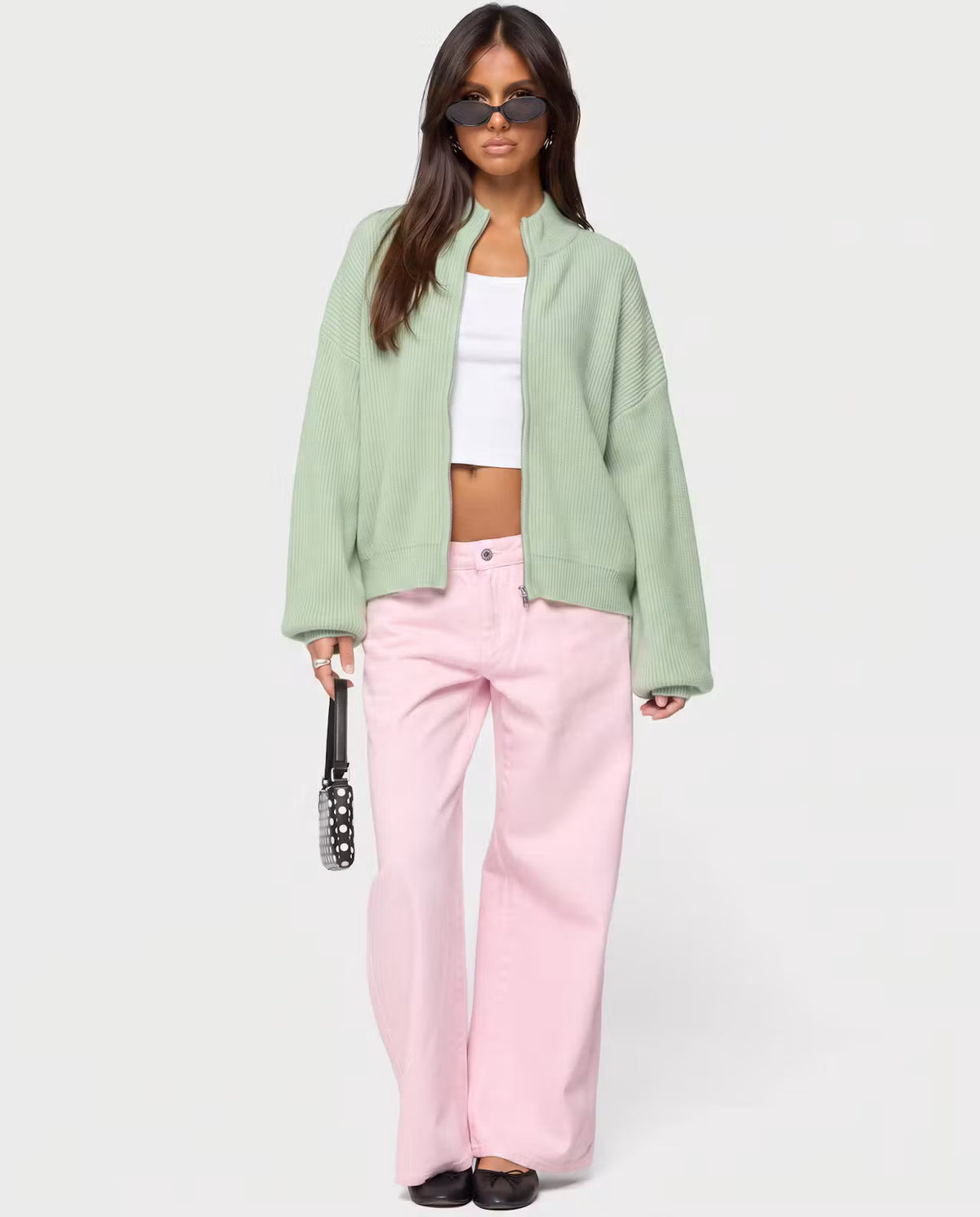 Mint green Zip Knit Cardigan by STYLEBURY featuring a front zipper and cozy knit texture.