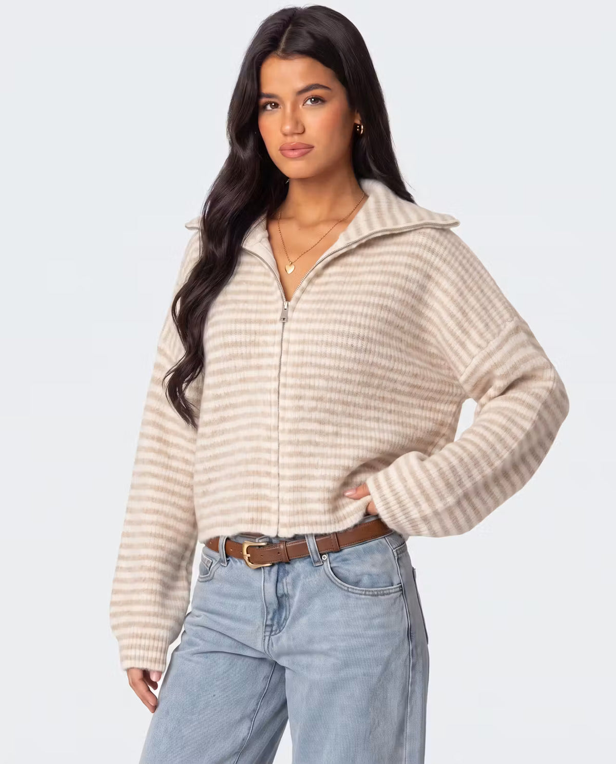 STYLEBURY striped zip knit cardigan in cinnamon with multicolored horizontal stripes, front zipper, and cozy knit texture.