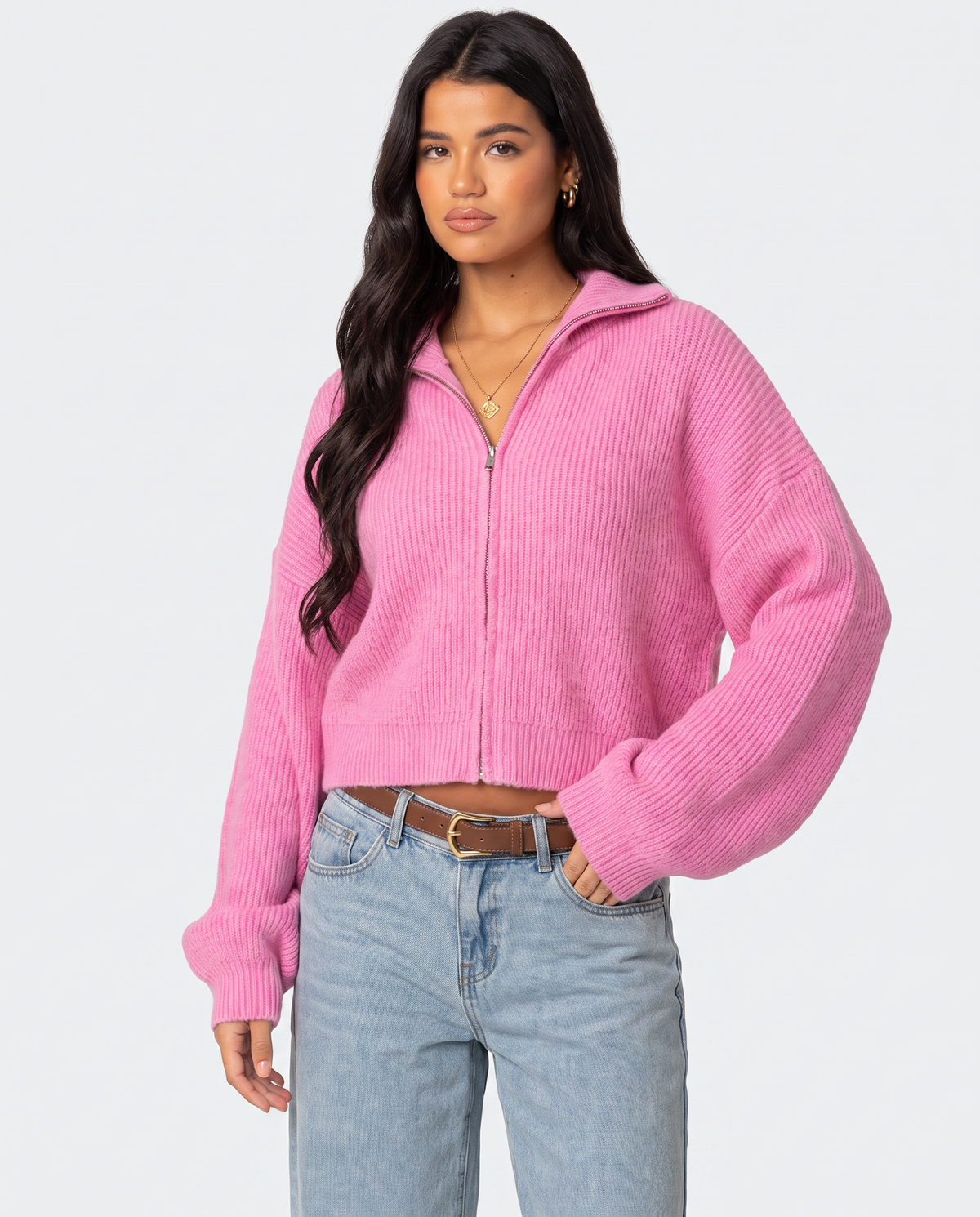 STYLEBURY zip knit cardigan in cherry red, featuring a front zipper and cozy knit fabric, displayed on a neutral background.