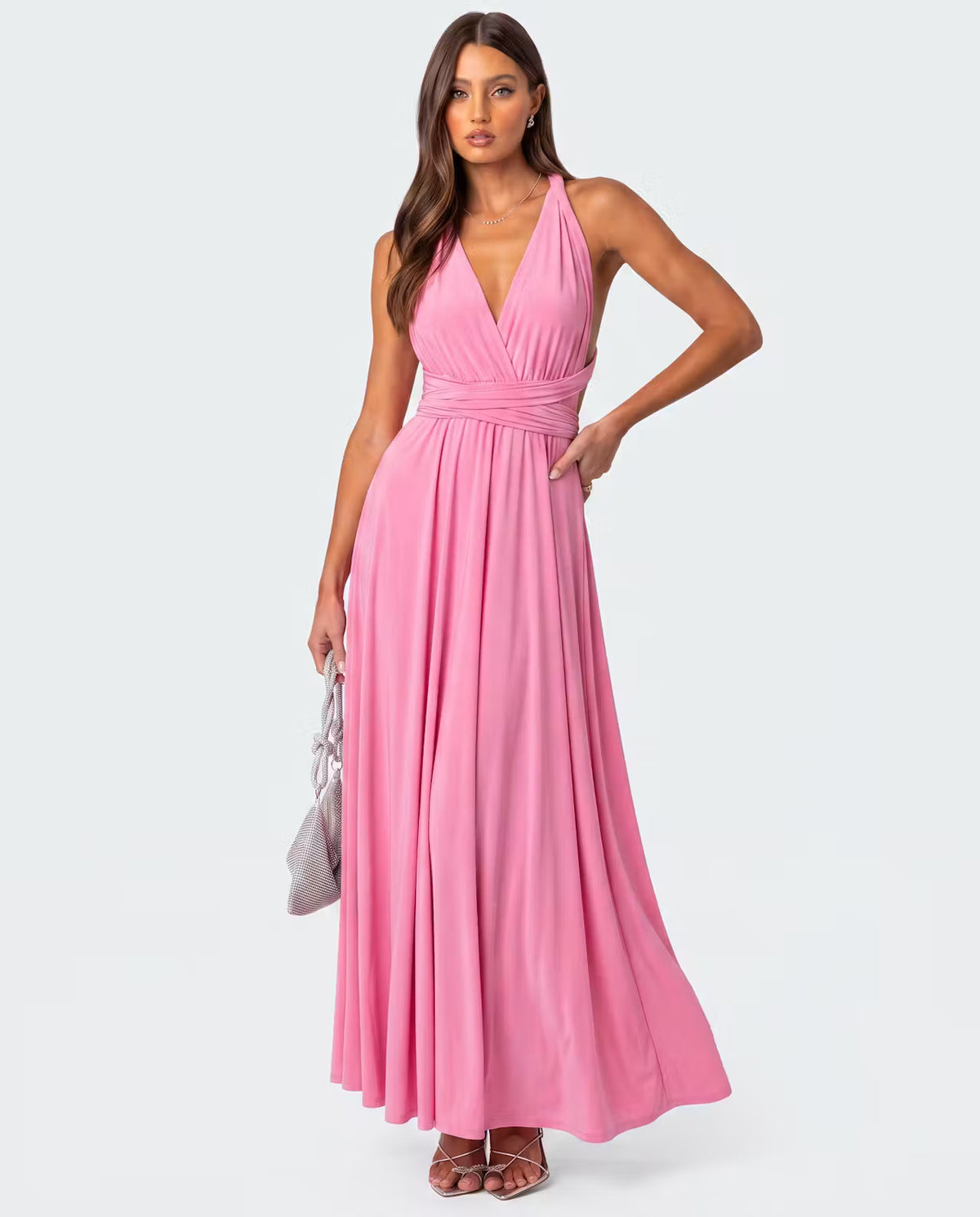 STYLEBURY Twisted Maxi Dress in cherry pink, flowing fabric with twisted front design, full-length dress for elegant occasions.