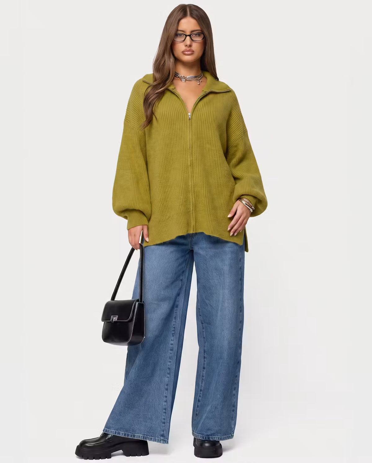 STYLEBURY Zip Knit Cardigan in pistachio color, featuring a front zipper and cozy knit texture, ideal for casual layered outfits.