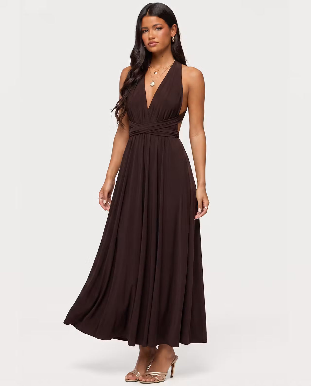 STYLEBURY twisted maxi dress in rich chocolate fabric, featuring a flattering fit and elegant design for stylish occasions.