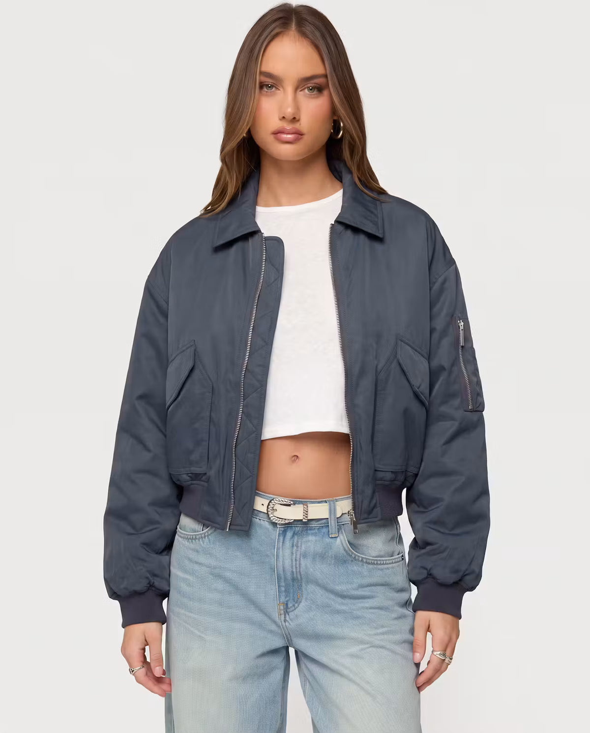 STYLEBURY Capsule Bomber Charcoal jacket showing front view with ribbed collar and zip closure, lightweight and stylish for casual wear.