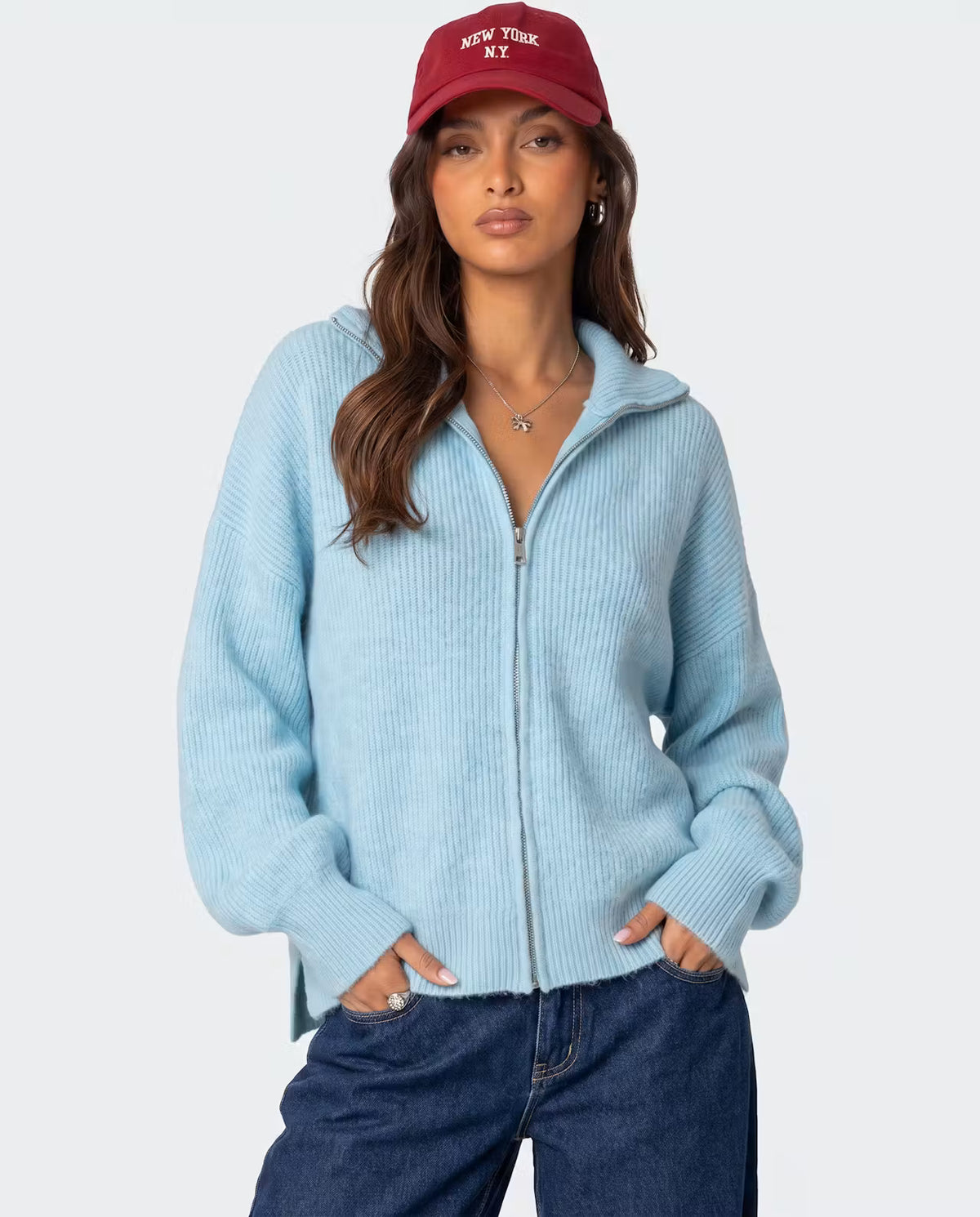 Light blue Zip Knit Cardigan by STYLEBURY, showcasing a cozy, fitted sweater with a front zipper and ribbed cuffs.