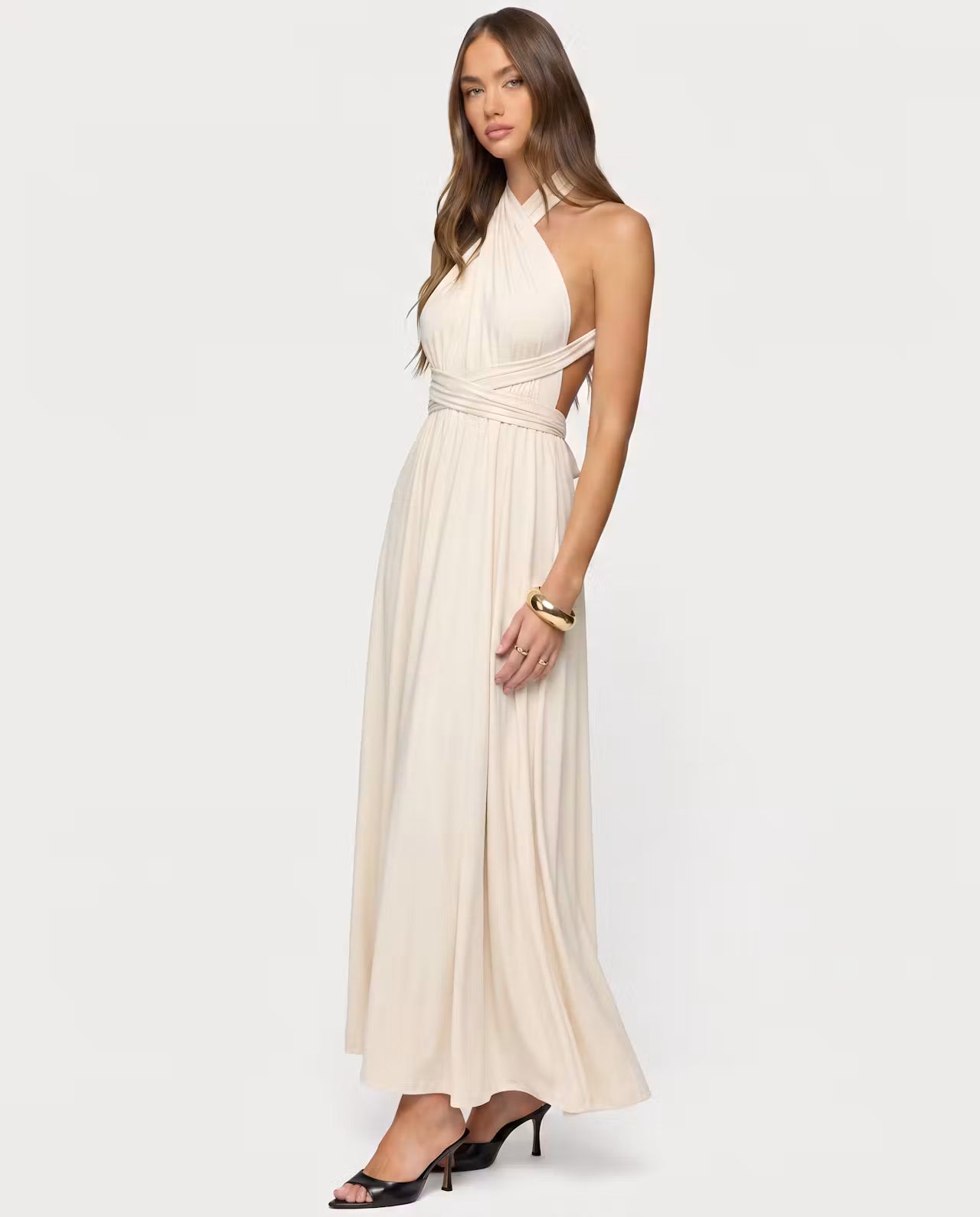 STYLEBURY Twisted Maxi Dress Coconut in soft fabric with a twisted neckline and flowing silhouette, perfect for summer wear.