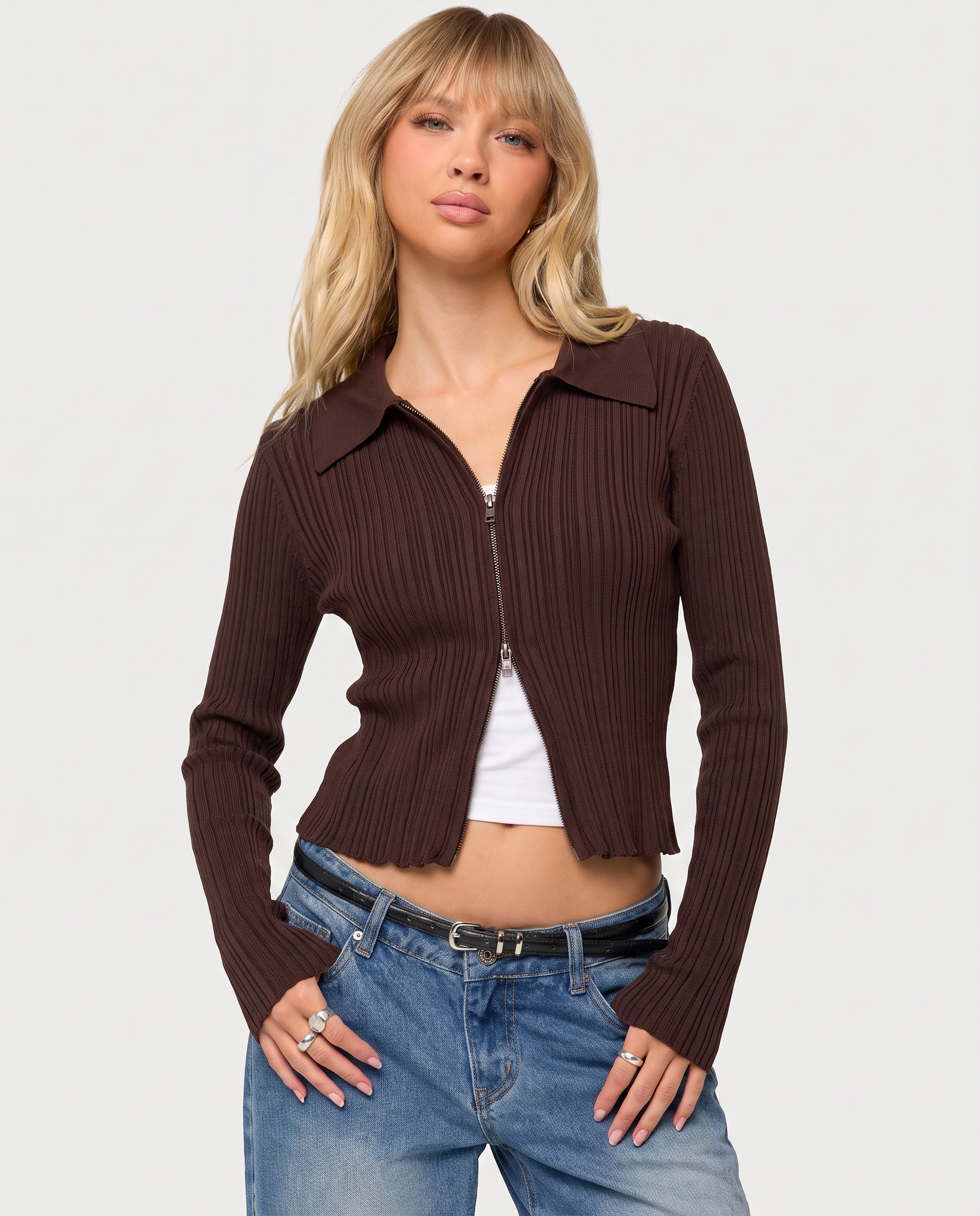STYLEBURY zip knit cardigan in rich chocolate color, featuring a cozy fit and front zipper detail.