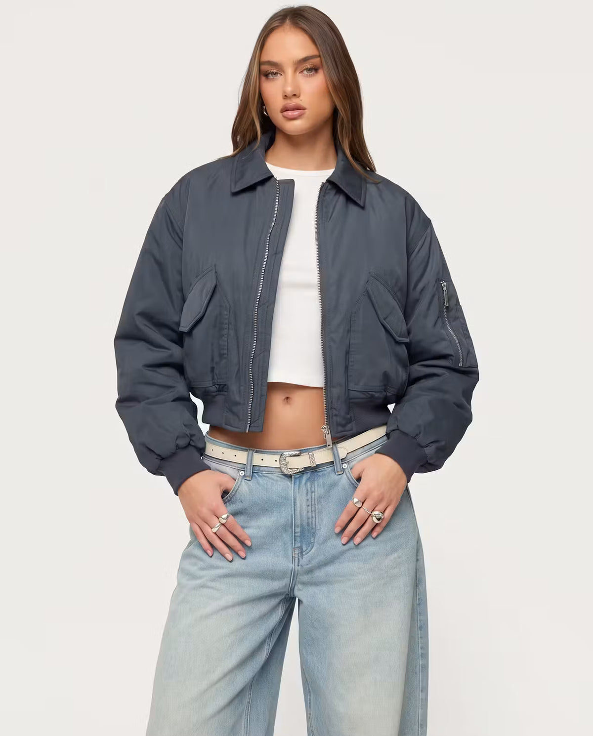 STYLEBURY Capsule Bomber Charcoal jacket with a sleek design, featuring a modern silhouette and lightweight fabric.